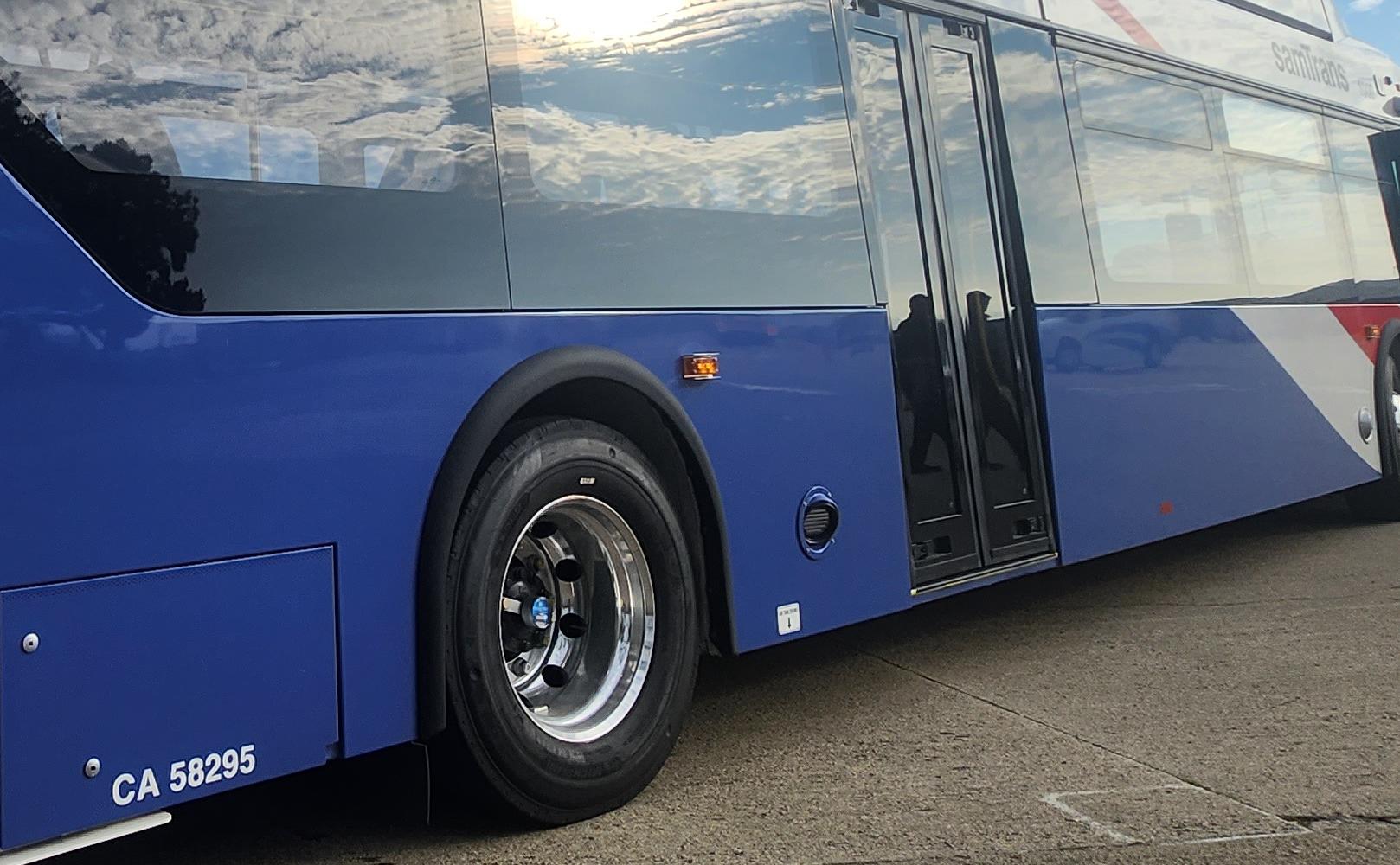 A SamTrans battery electric bus at the North Base yard in South San Francisco, part of the agency's zero-emission transition.