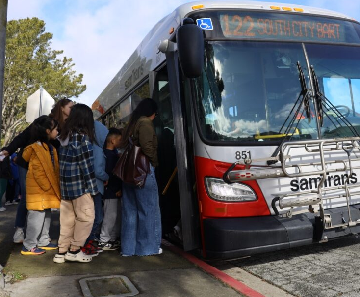 Students boarding a SamTrans bus in South San Francisco.