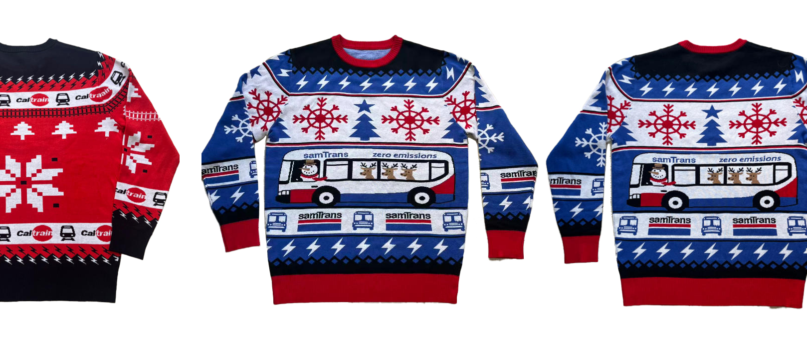 The fronts and backs of both the Caltrain and SamTrans Holiday Sweaters