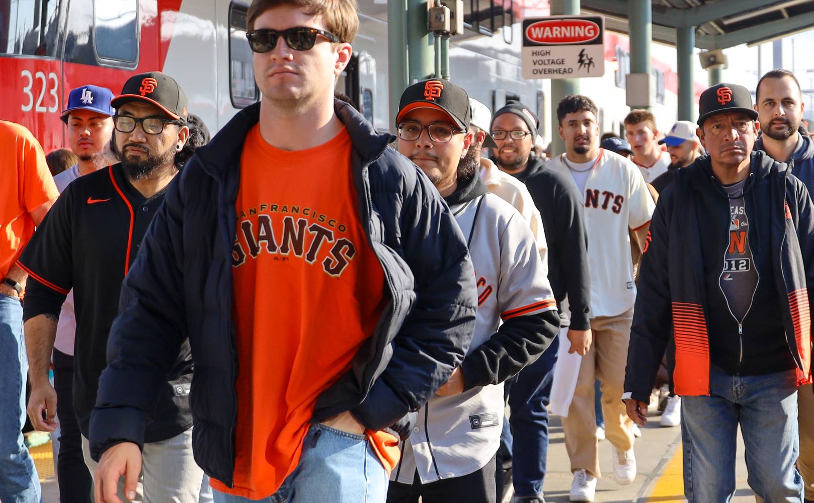 Fans disembarking Caltrain en route to Giants game