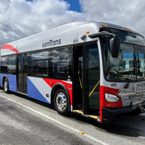 SamTrans bus parked in the bus yard