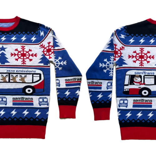 The fronts and backs of both the Caltrain and SamTrans Holiday Sweaters