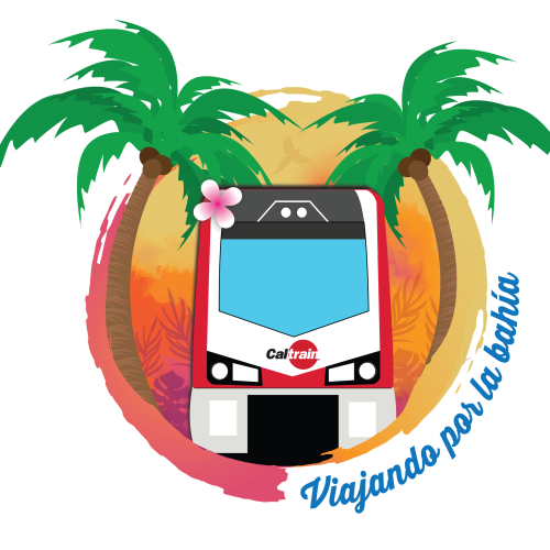 Image of Caltrain train in front of palm trees
