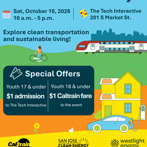 Flyer for On Track for a Cleaner Future Day, in which youth can both ride Caltrain and go to the Tech Museum for just a dollar