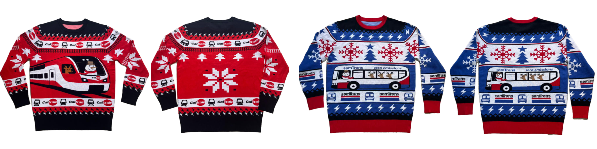 The fronts and backs of both the Caltrain and SamTrans Holiday Sweaters